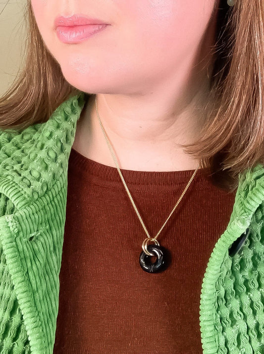 Vintage Glass Deco Ring Necklace- Black