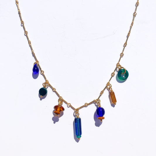 Charm Necklace with Topaz, Cobalt, and Teal Beads