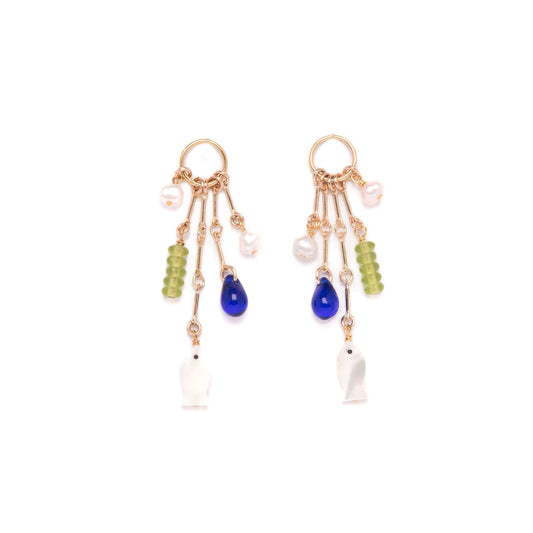 Charm Earrings with Mother of Pearl Fish, Vintage Glass, Freshwater Pearls