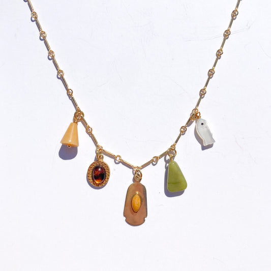 Charm Necklace with Yellow Jasper, Jade, Tortoise, and Mother of Pearl Fish