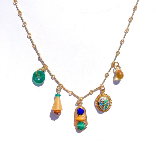 Charm Necklace with Lapis, Yellow Jasper, and Malachite Charms
