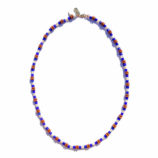 Cobalt, Mocha, and Mother of Pearl Beaded Necklace
