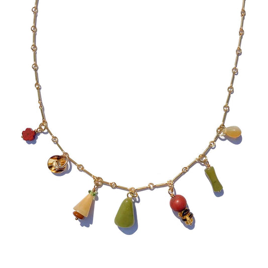 Charm Necklace- Jade, Red Jasper, Calcite, Vintage Glass