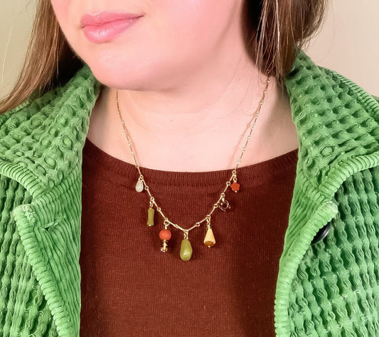 Charm Necklace- Jade, Red Jasper, Calcite, Vintage Glass
