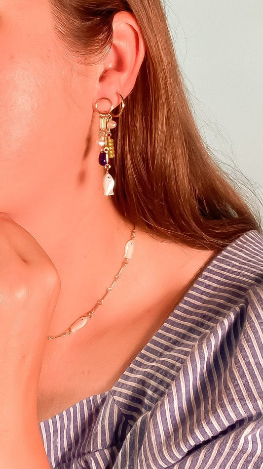 Charm Earrings with Mother of Pearl Fish, Vintage Glass, Freshwater Pearls