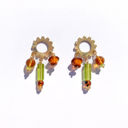Flower Charm Earrings with Olive + Topaz Glass Beads