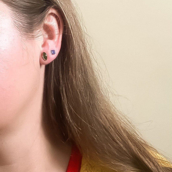 Jade Navette Studs and Tiny Square Sodalite Studs