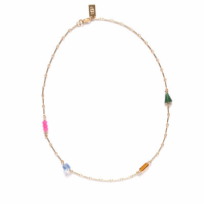 Minimal Charm Necklace- Pink Chalcedony, African Jade, Amber and Blue Glass