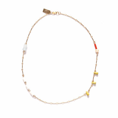 Minimal Charm Necklace- Yellow Turquoise, Coral, Mother of Pearl, Aquamarine