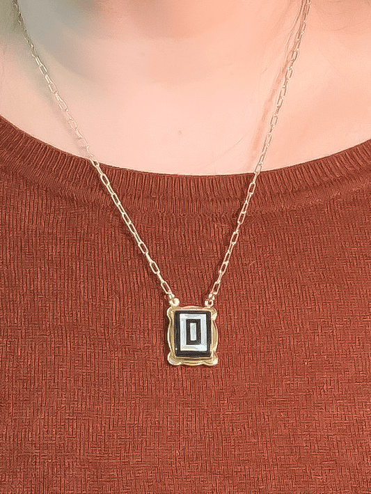 Mother of Pearl + Onyx Concentric Rectangle Pendant Necklace