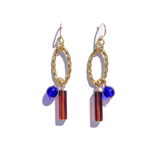 Vertical Oval Earrings with Mocha and Cobalt Beads