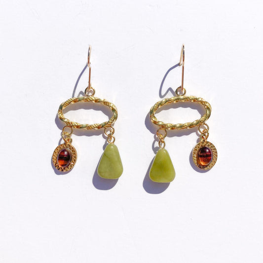 Horizontal Oval Earrings with Jade + Tortoise Charms