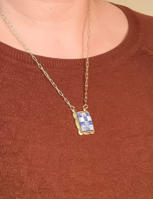 Mother of Pearl + Sodalite Checkered Pendant Necklace