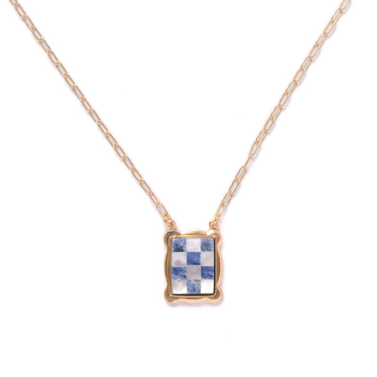 Mother of Pearl + Sodalite Checkered Pendant Necklace
