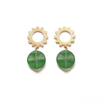 Starburst Flower Studs with Green Glass Beads