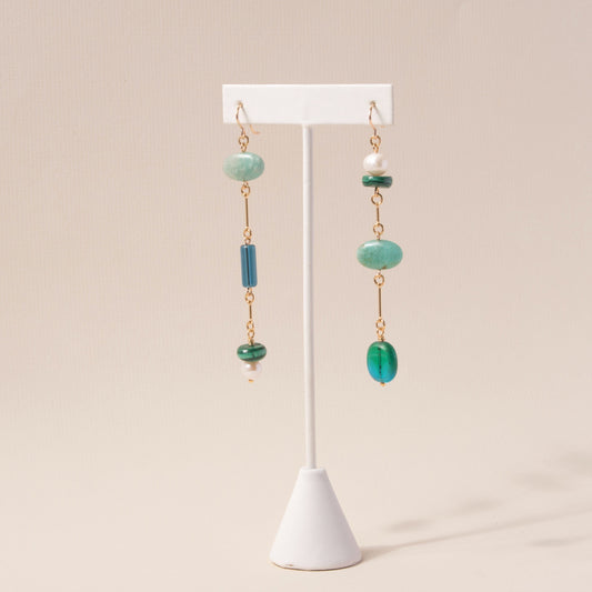 Amazonite, Pearl, Malachite, and Glass Composition Earrings