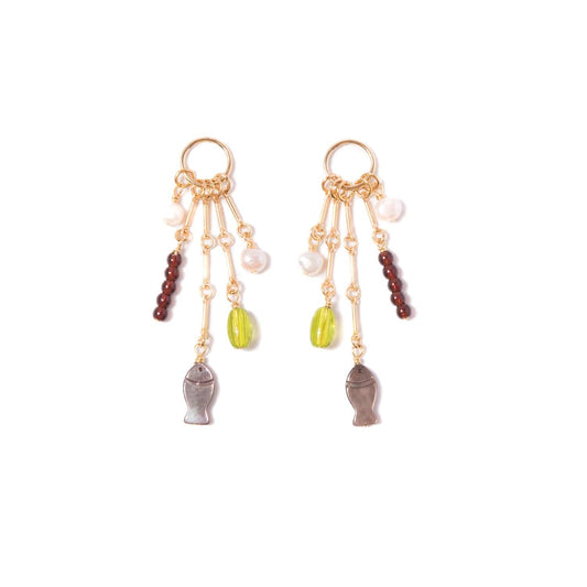 Charm Earrings with Black Mother of Pearl Fish, Vintage Glass, Freshwater Pearls