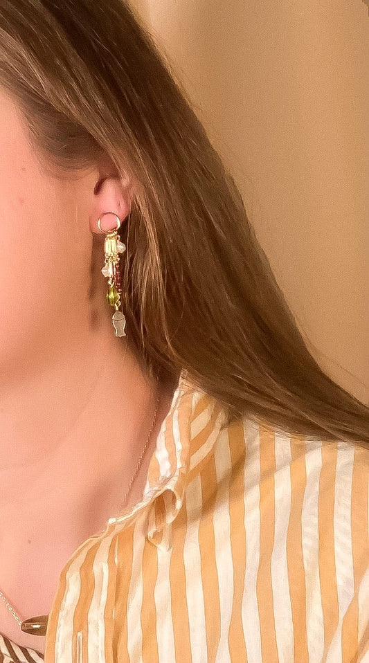Charm Earrings with Black Mother of Pearl Fish, Vintage Glass, Freshwater Pearls