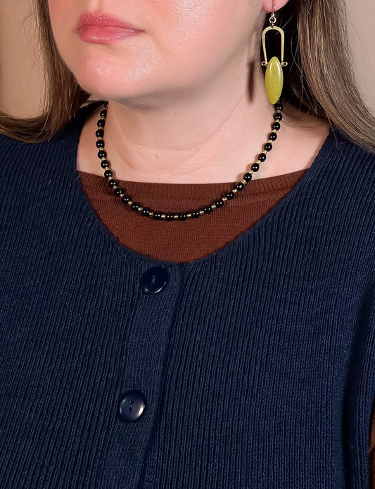 Black + Olive Glass Beaded Necklace