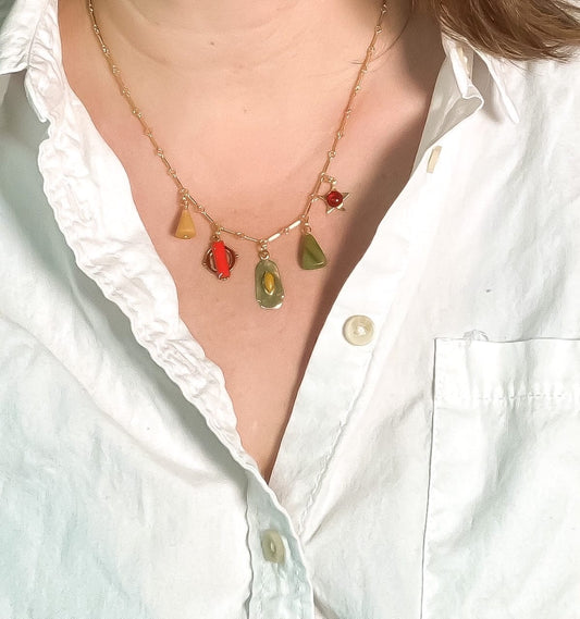 Charm Necklace with Yellow Jasper, Jade, Tortoise, and Mother of Pearl Fish