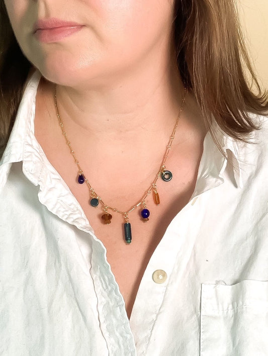 Charm Necklace with Topaz, Olive, and Light Blue