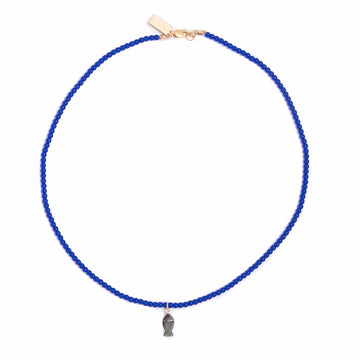 black-mother-of-pearl-fish-charm-beaded-necklace-in-cobalt handmade jewelry by michelle starbuck designs