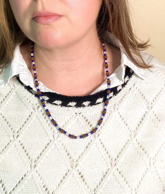 Cobalt, Mocha, and Mother of Pearl Beaded Necklace