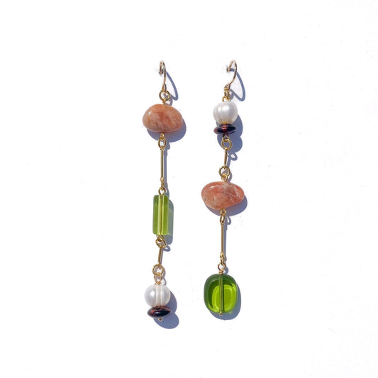 Composition Earrings- Sunstone, Pearl, Mahogany Obsidian, Glass