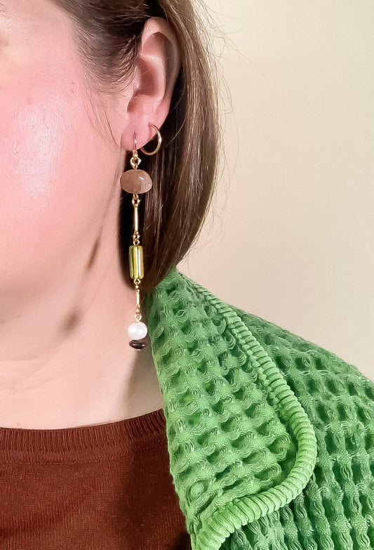 Composition Earrings- Sunstone, Pearl, Mahogany Obsidian, Glass