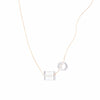 Michelle Starbuck Designs clear crystal quartz square and round beads with thin gold plated brass chain on white background