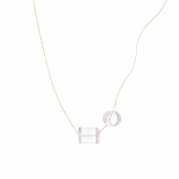 Michelle Starbuck Designs clear crystal quartz square and round beads with thin gold plated brass chain on white background