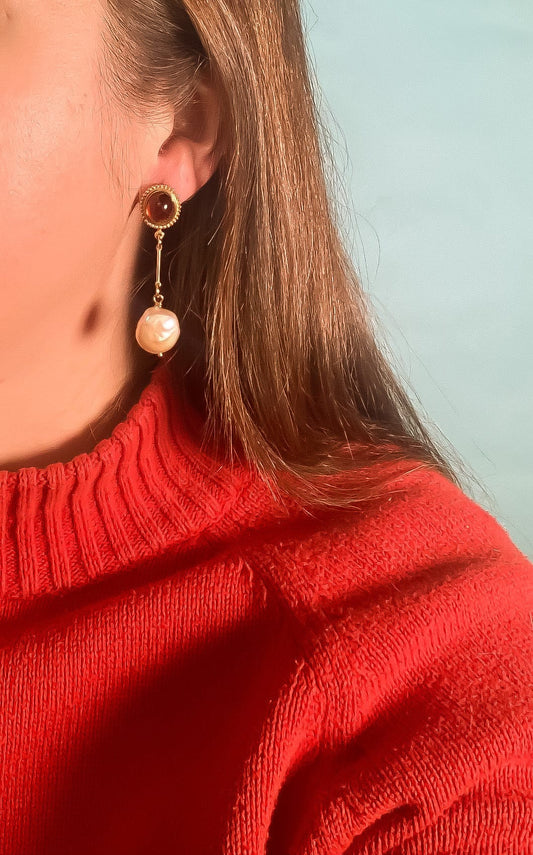 Amber Glass + Pearl Drop Earrings