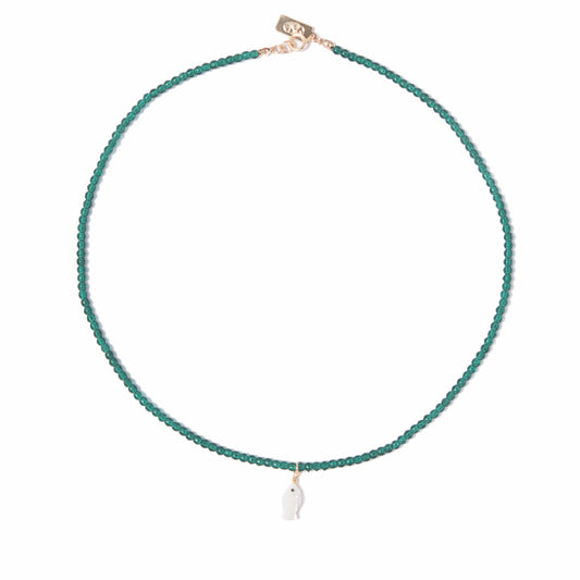 Mother of Pearl Fish Charm Beaded Necklace in Emerald