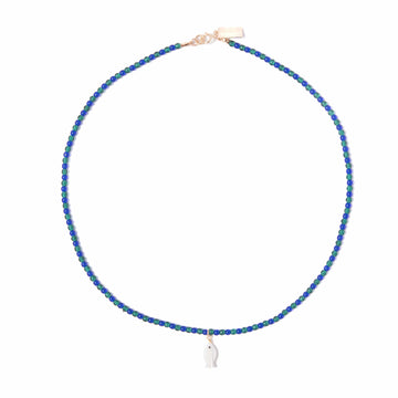 Mother of Pearl Fish Charm Beaded Necklace in Emerald + Cobalt