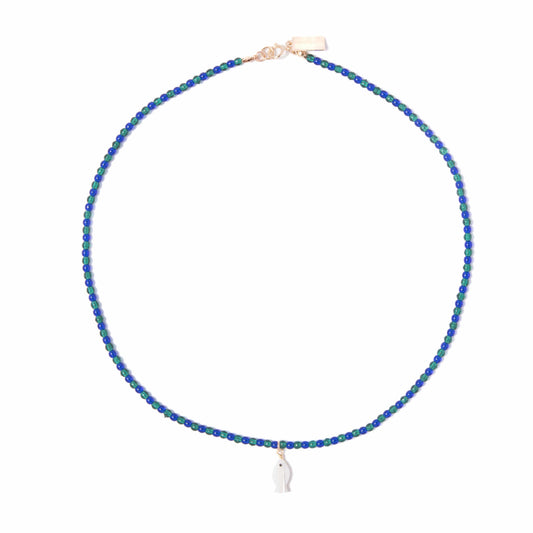 Mother of Pearl Fish Charm Beaded Necklace in Emerald + Cobalt