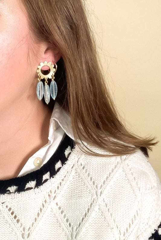 Flower Charm Earrings with Aqua Striped Glass Beads