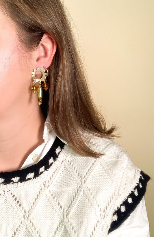 Flower Charm Earrings with Olive + Topaz Glass Beads