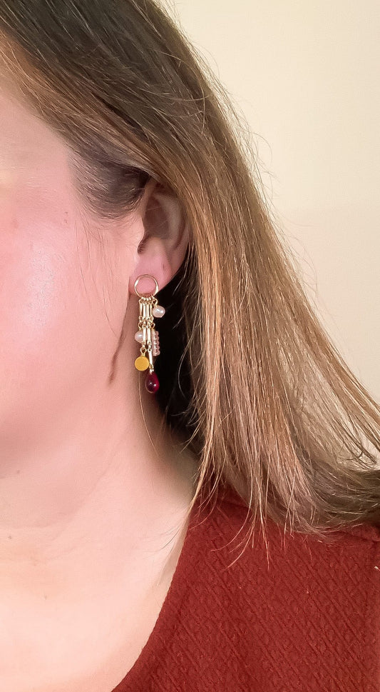 Charm Earrings with Yellow Jasper, Freshwater Pearls, Vintage Glass