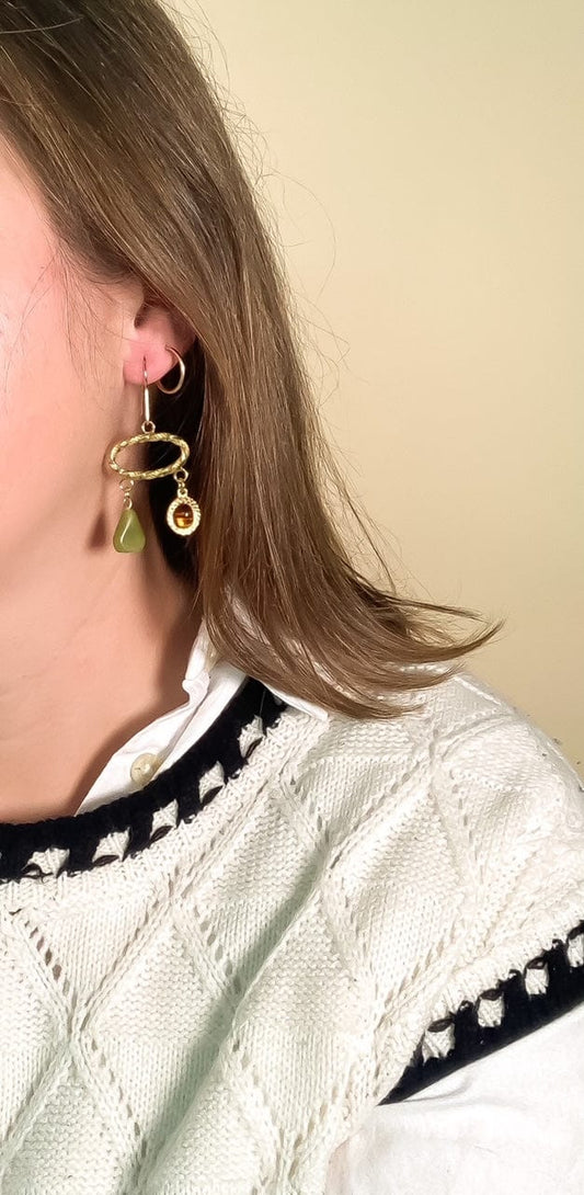 Horizontal Oval Earrings with Jade + Tortoise Charms