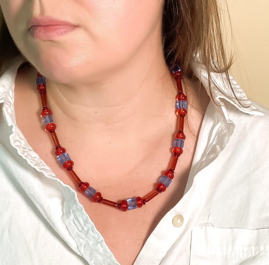 Hyacinth, Light Blue and Oxblood Beaded Necklace