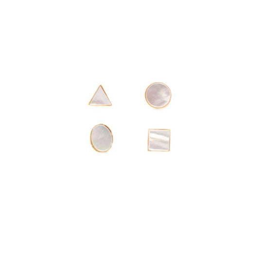 Set of four geometric earrings on a white background. Mother of Pearl. Triangle. Oval. Circle. Square.