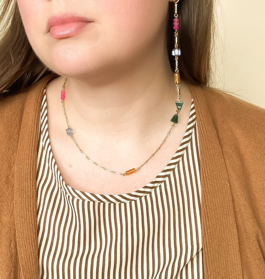 Minimal Charm Necklace- Pink Chalcedony, African Jade, Amber and Blue Glass