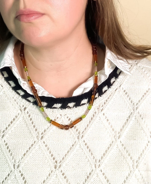 Mocha, Olive, and Light Amethyst Glass Beaded Necklace