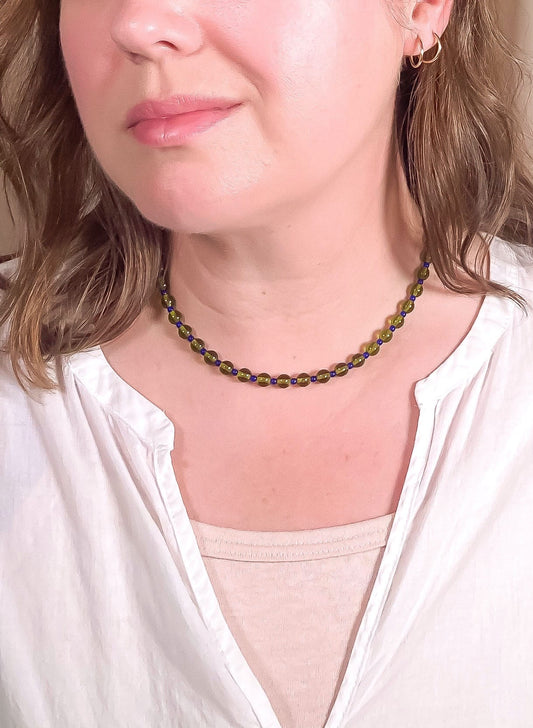 Olive + Cobalt Glass Beaded Necklace