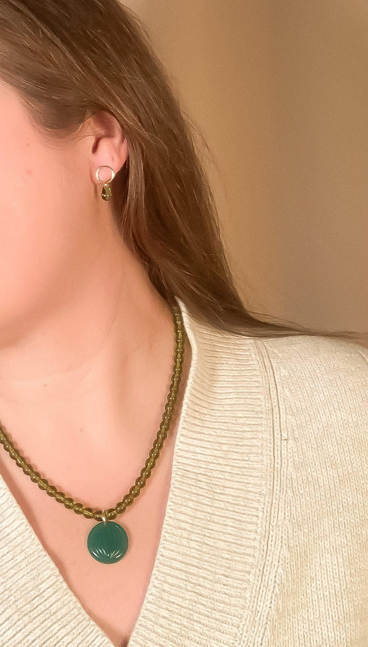 olive-glass-teardrop-stud-earrings-gold-fill handmade jewelry by michelle starbuck designs