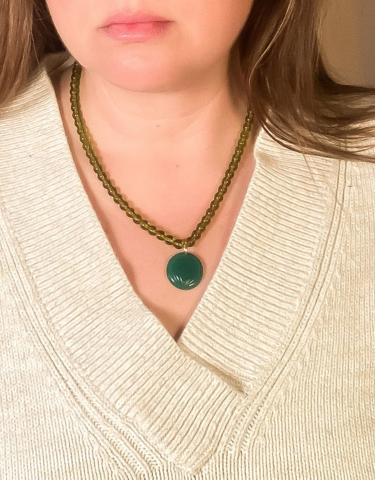 Glass Olive + Jade Beaded Pendant Necklace