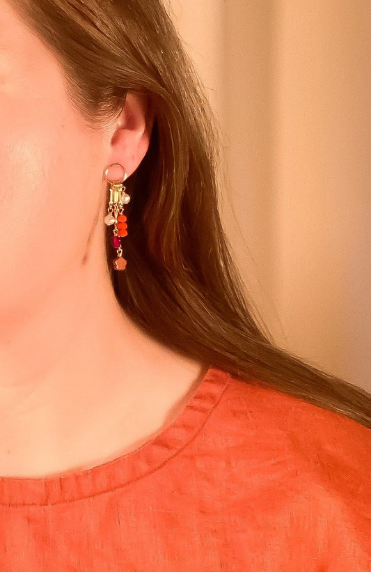 Charm Earrings with Red Jasper, Czech Glass, and Freshwater Pearls