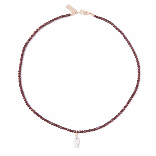 Mother of Pearl Fish Charm Beaded Necklace in Oxblood