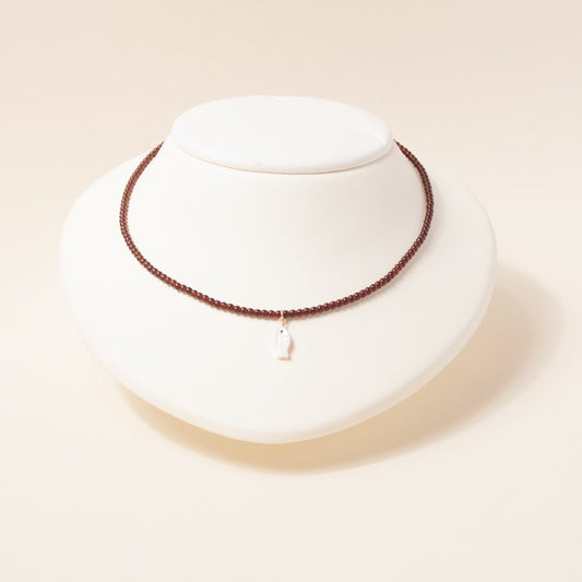 Mother of Pearl Fish Charm Beaded Necklace in Oxblood