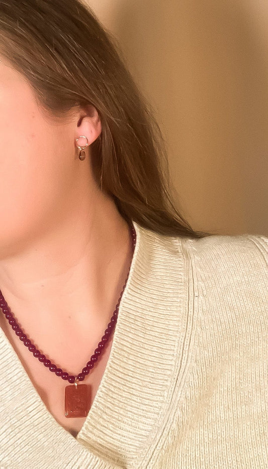 smoky-topaz-glass-teardrop-stud-earrings-gold-fill handmade jewelry by michelle starbuck designs